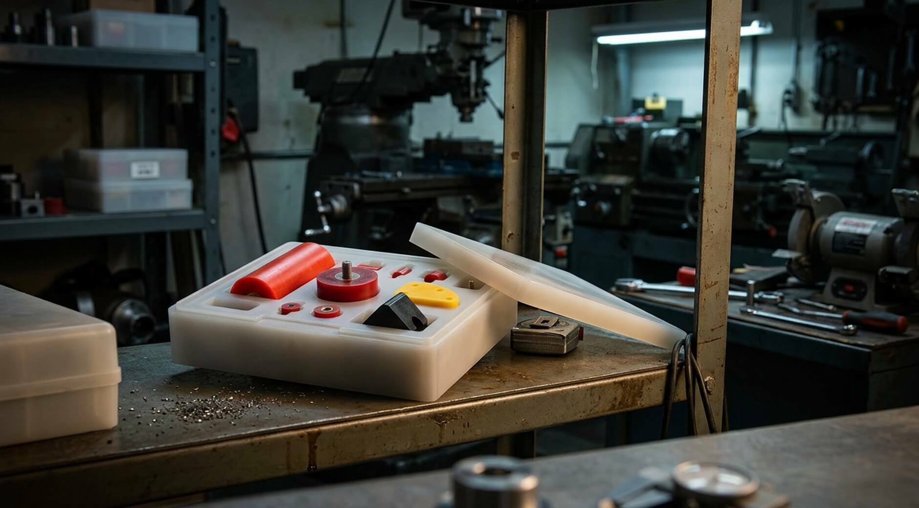 Custom-molded polyurethane parts in red, yellow, and white displayed in a plastic case on a machine shop workbench with milling equipment in the background